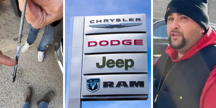 Checking Dipstick(l) Chrysler dealer sign(c) Man sharing what he experience at dealership(r)